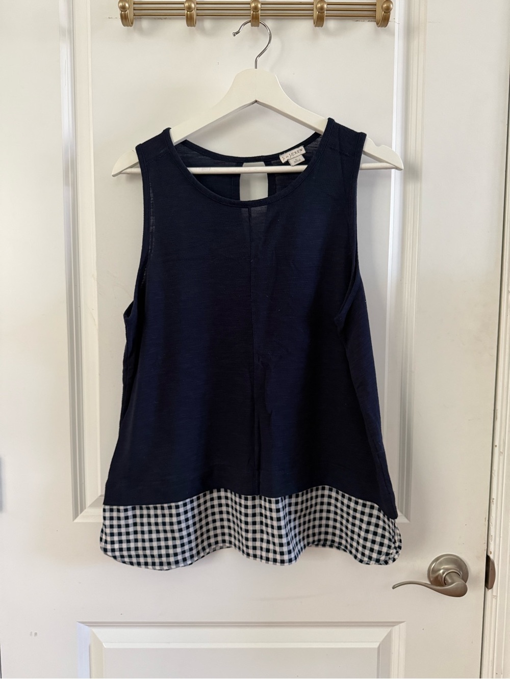 J. Crew Navy Sleeveless Top with Navy-and-White Gingham Hem
